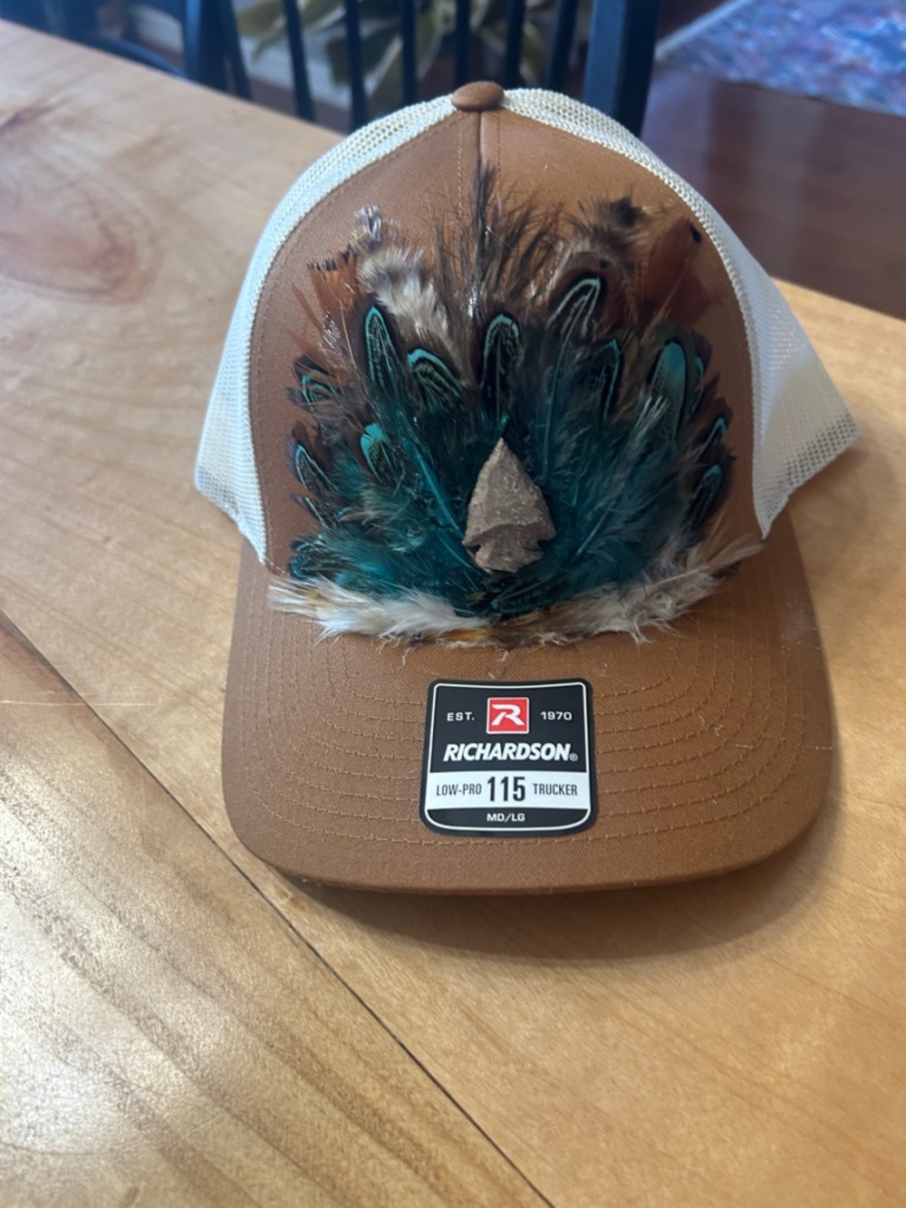 Brown & Teal Feather Trucker Hat